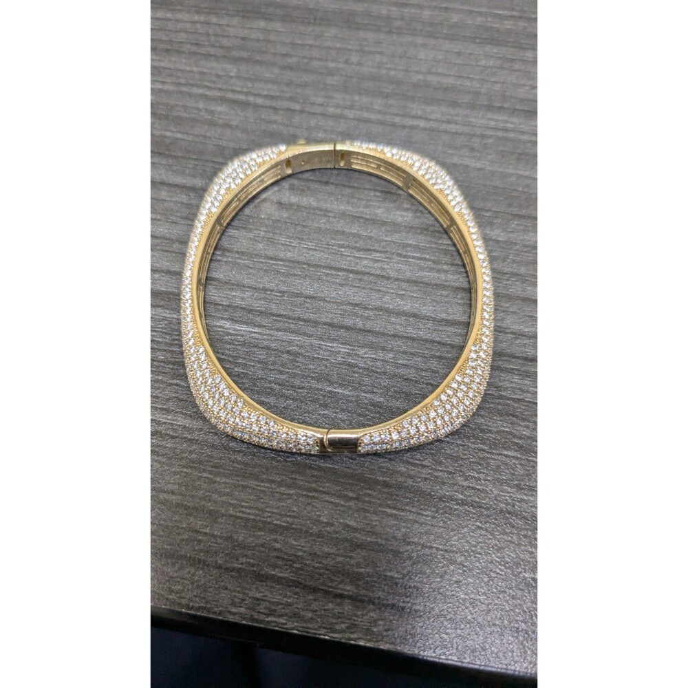 Modern Sterling Silver 925 Pave Soft Rounded Squared Gold Colored Bangle 7 "